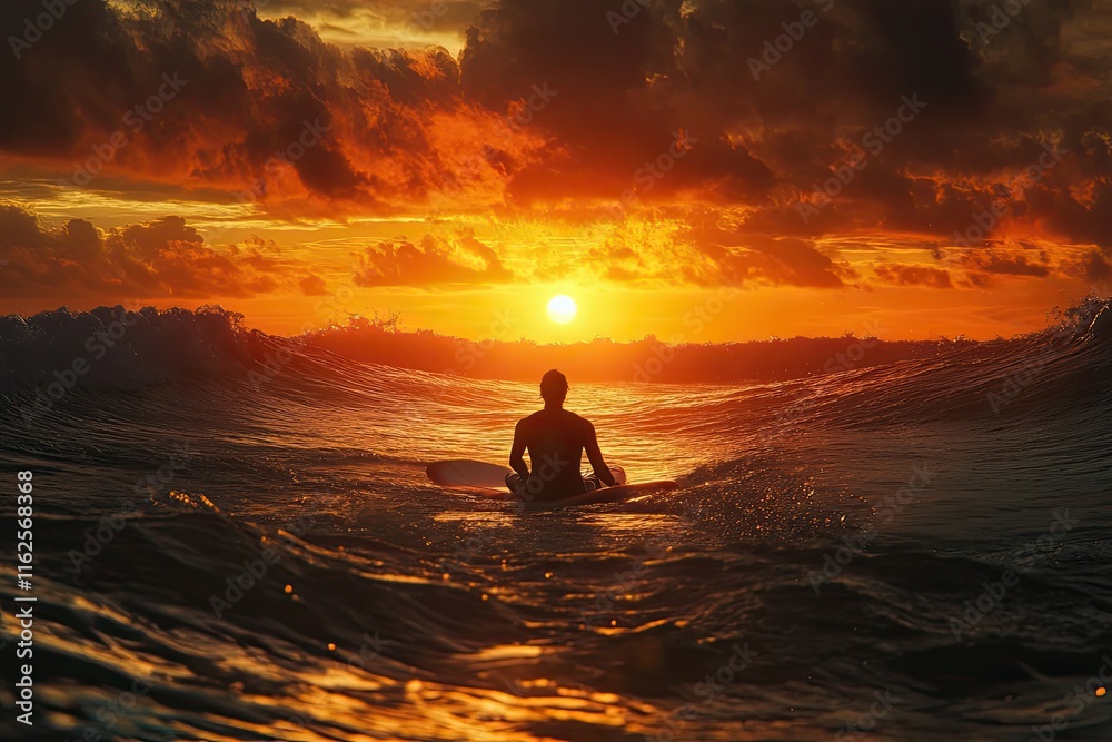 Surfer Silhouetted Against Vibrant Sunset Ocean Waves