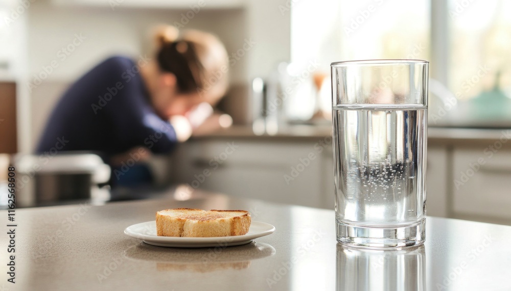 Sad woman having digestive problems in modern kitchen Sad woman having digestive problems in modern kitchen
