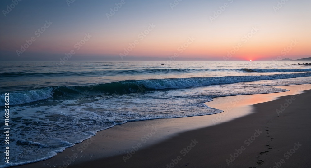 Fototapeta premium Serene beach scene where dawns first light touches the waves softly