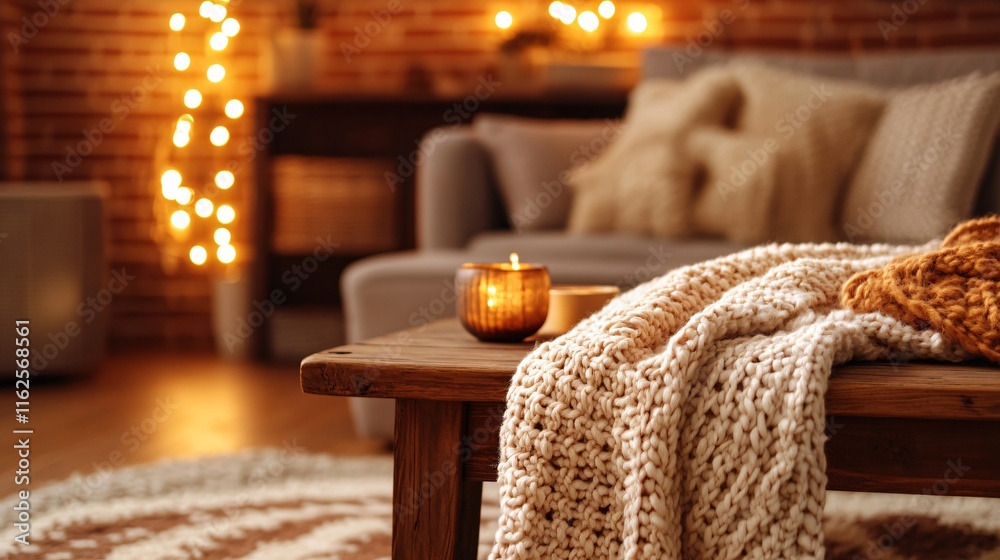 Cozy Autumn Living Room Scene with Knit Blanket and Candles Cozy Autumn Living Room Scene with Knit Blanket and Candles