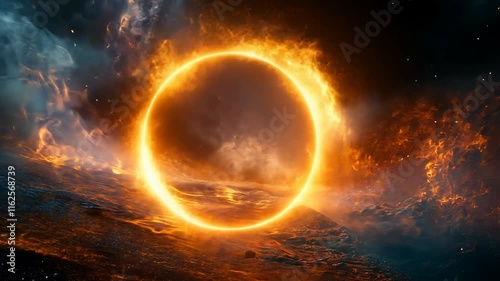 fiery ring in cosmic landscape with swirling