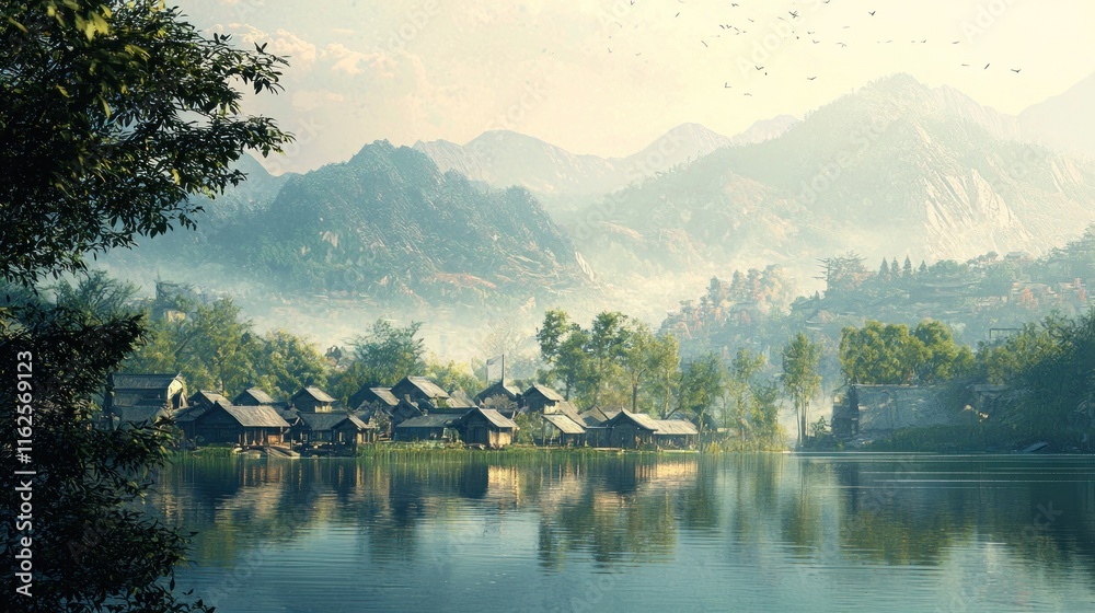 Fototapeta premium Serene Lakeside Village Nestled Among Misty Mountains