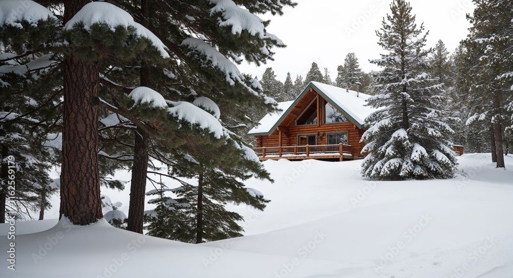 Snow on pine trees with a cabin in the background suggesting a cozy retreat Snow on pine trees with a cabin in the background suggesting a cozy retreat