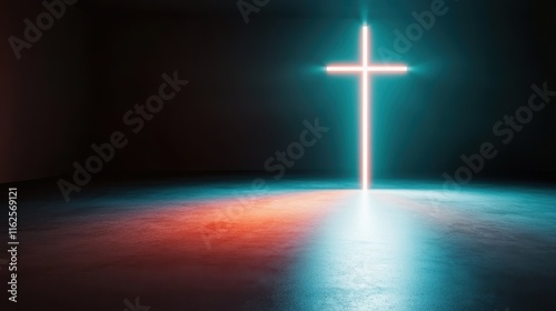 A glowing neon cross illuminates a dark room, casting vibrant hues across the floor and creating a mesmerizing focal point that captivates the viewer's attention. photo