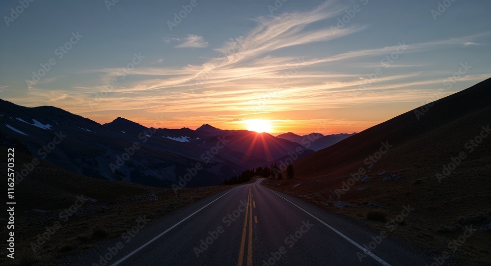 Fototapeta premium Sunset viewed through a mountain pass with the light framing the rugged terrain