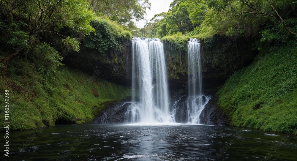 Obraz premium The cool spray of a waterfall cooling off a lush green environment