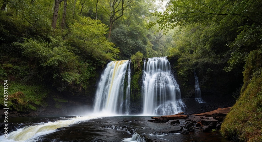 Obraz premium Waterfall cascading through a forest dense with greenery creating a natural symphony