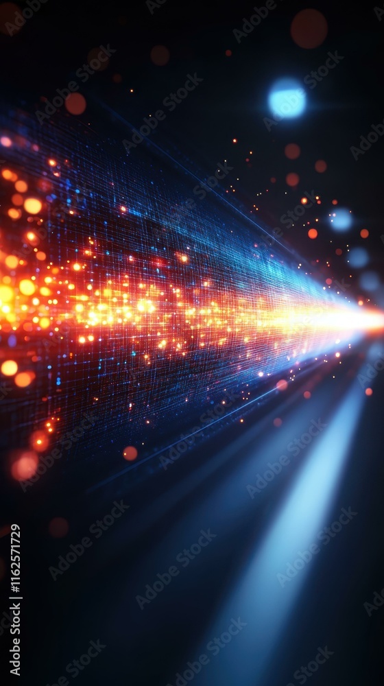 Obraz premium Orange Tech. Bright orange digital particles stream with blue beams fu