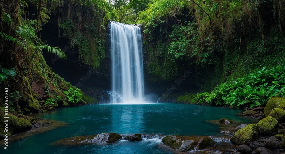 Fototapeta premium Waterfall in a rainforest where the water seems to merge with the dense green foliage