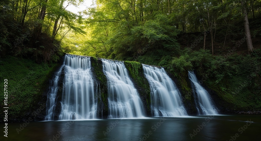 Waterfall with light bouncing off the water to illuminate the surrounding green Waterfall with light bouncing off the water to illuminate the surrounding green