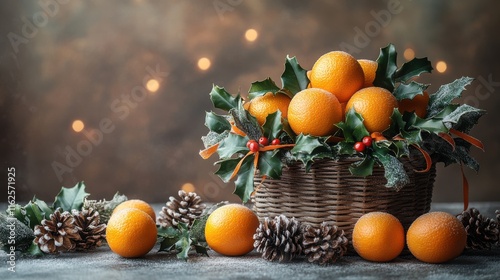 A festive basket of oranges surrounded by holly and pinecones, evoking a holiday atmosphere.