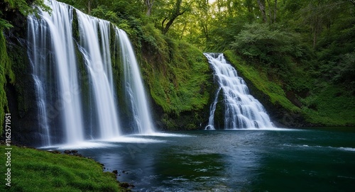 Waterfall with light bouncing off the water to illuminate the surrounding green