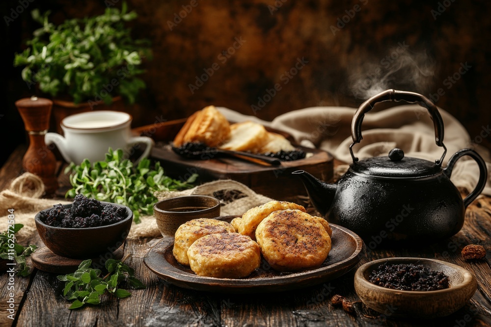 Fototapeta premium A cozy Irish breakfast served on a rustic wooden table, complete with black pudding, sausages, and a pot of tea