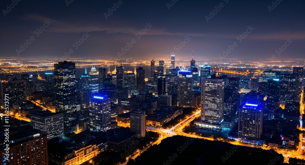 A panoramic view of the city at night with lights outlining each building A panoramic view of the city at night with lights outlining each building
