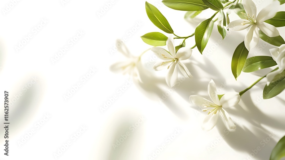 Fototapeta premium White Flowers and Green Leaves on White Background