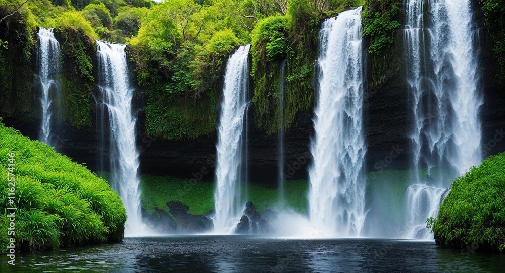 Obraz premium A series of cascading waterfalls surrounded by vibrant green vegetation