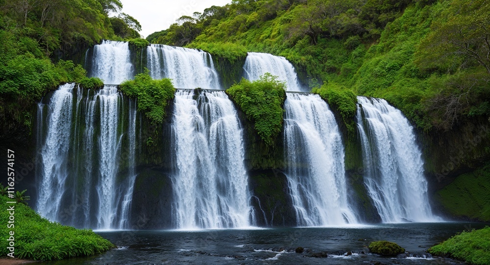 Naklejka premium A series of cascading waterfalls surrounded by vibrant green vegetation
