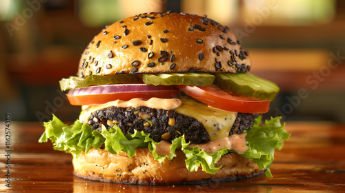 Hearty black bean burger with avocado and smoky chipotle mayo in diner lighting on a wooden table