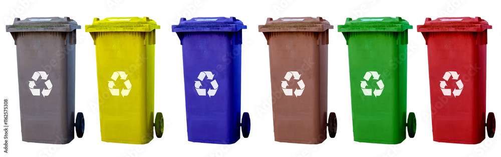Collage garbage cans different colors isolated on transparent background
