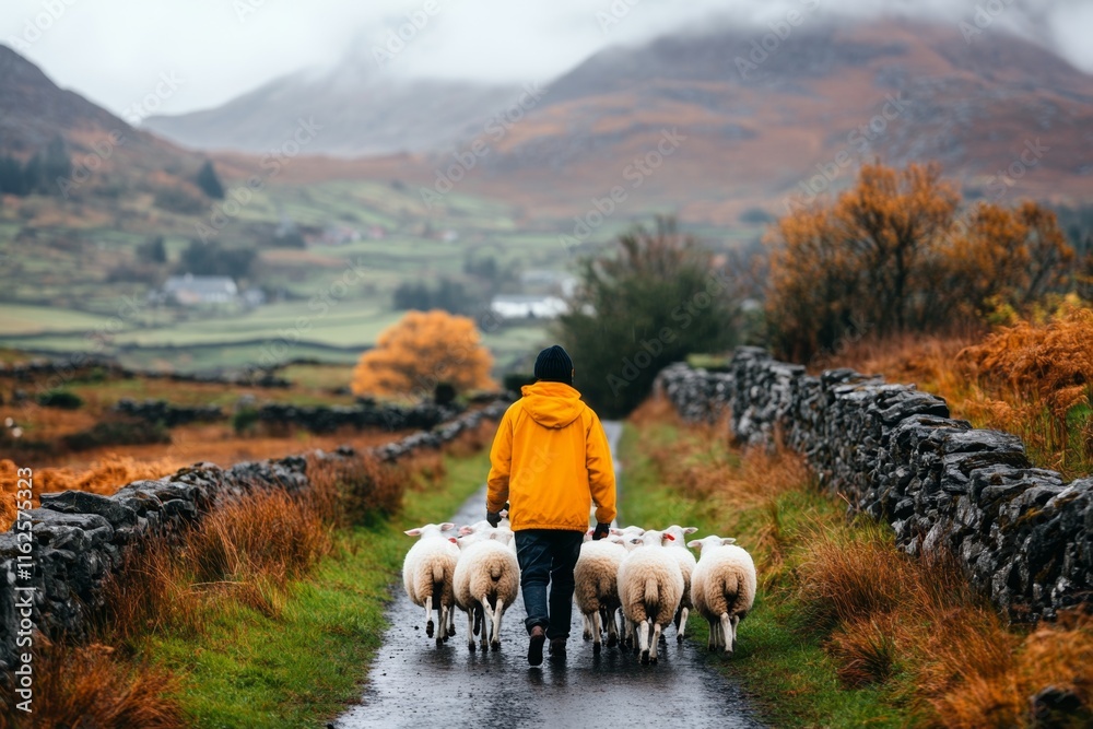 custom made wallpaper toronto digitalA farmer in the Irish countryside leading a flock of sheep along a narrow dirt road with stone walls on either side