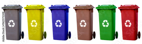 Obraz na płótnie Collage garbage cans different colors isolated on transparent background w salonie