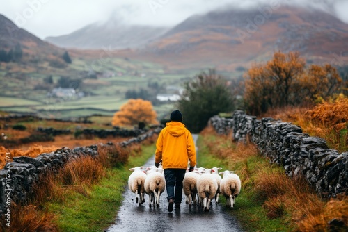 Wallpaper Mural A farmer in the Irish countryside leading a flock of sheep along a narrow dirt road with stone walls on either side Torontodigital.ca