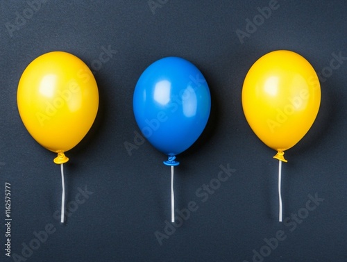 Three Balloons- Yellow, Blue, Yellow on Dark Background photo