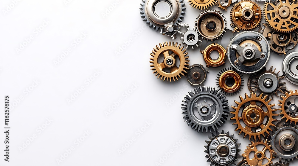 Assorted metallic gears and cogwheels on white background, copy space. Assorted metallic gears and cogwheels on white background, copy space.