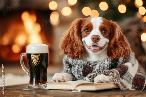 A friendly Irish pub dog sitting by the fire, with a pint of Guinness and a book on a nearby table photo