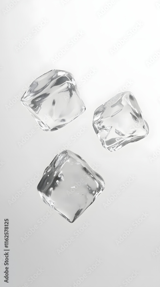 Three Crystal Clear Ice Cubes Floating in Air Three Crystal Clear Ice Cubes Floating in Air