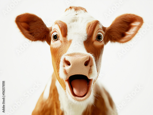 Surprised cow with a funny and excited expression isolated on white, generated ai 