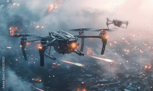 Kamikaze drone on the battlefield, modern warfare concept, generated ai
