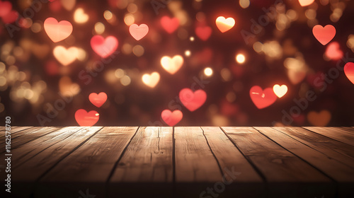Romantic Wooden Table with Heart Bokeh Lights