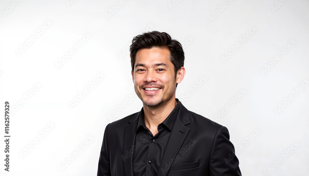 Smiling Asian man in a black suit with a confident expression on a light background with copy space Smiling Asian man in a black suit with a confident expression on a light background with copy space