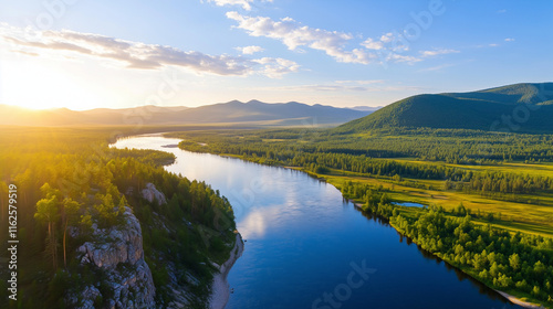 Discover the stunning beauty of the River Ai and the famous Aiskiye Pritesi rocks in Chelyabinskaya Oblast, Russia. Explore the Ural Mountains' breathtaking landscapes and serene n photo