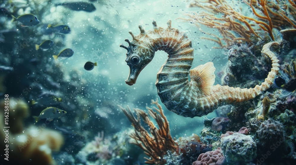 Seahorse in Vibrant Underwater Coral Reef Habitat Seahorse in Vibrant Underwater Coral Reef Habitat