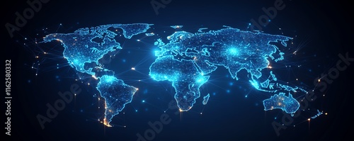 A futuristic 3D visualization of a digital world map with glowing connections and lights, representing global networking on a dark techinspired backdrop