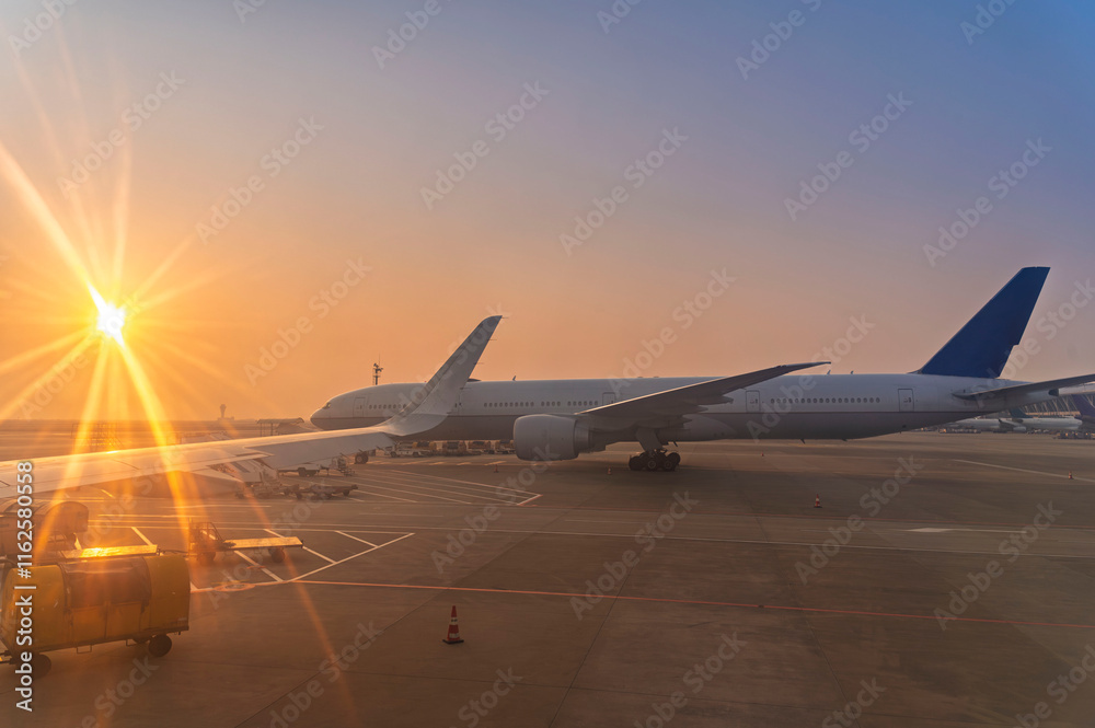 airplane jet waiting to runway on taxi lane in airport and aircraft traffic to take off with sunset background, view from window air plane