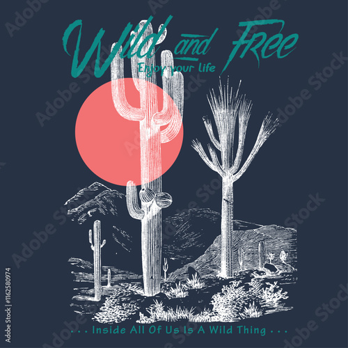 wild And Free watercolor college text with desert print, sunshine the western desert, vintage wild desert t-shirt or sweatshirt print photo