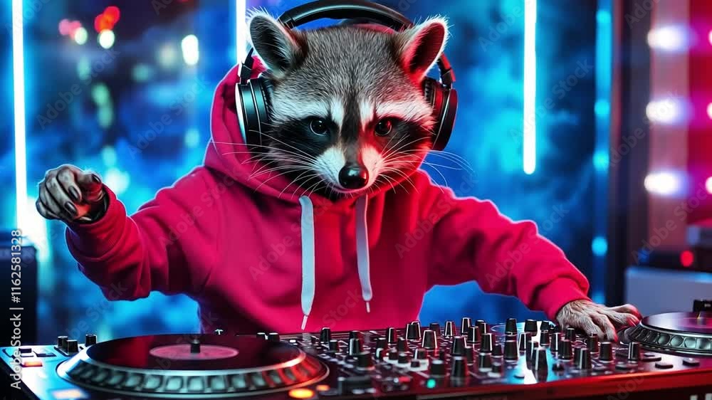 A raccoon dj wears headphones while skillfully mixing tracks at a lively club, illuminated by bright and colorful lights
