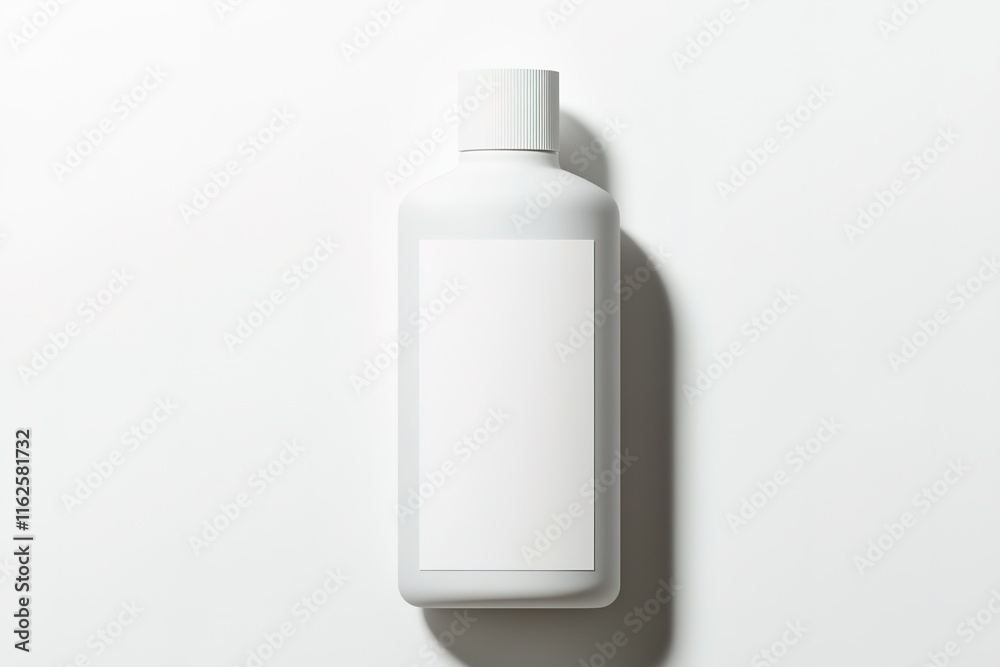 top-down view of minimalist aftershave bottle with blank white label positioned neatly on pure white surface with subtle top-down view of minimalist aftershave bottle with blank white label positioned neatly on pure white surface with subtle