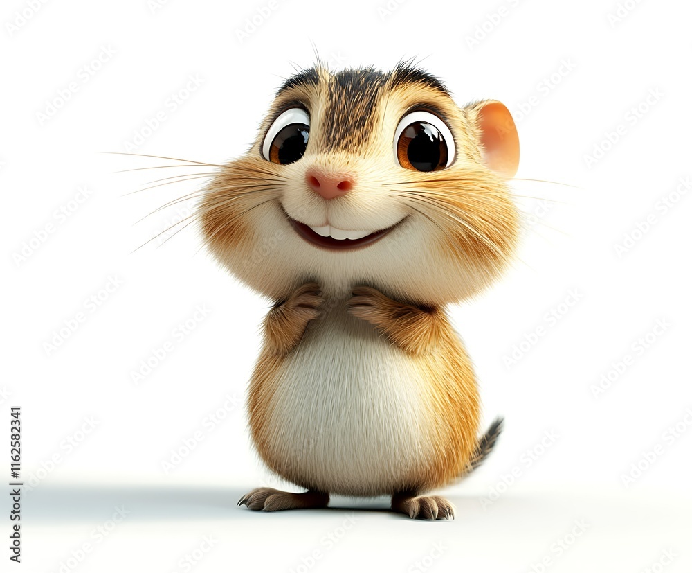 Adorable 3D-rendered cartoon hamster,  small, fluffy,  smiling, happy expression,  cute, isolated on white background.