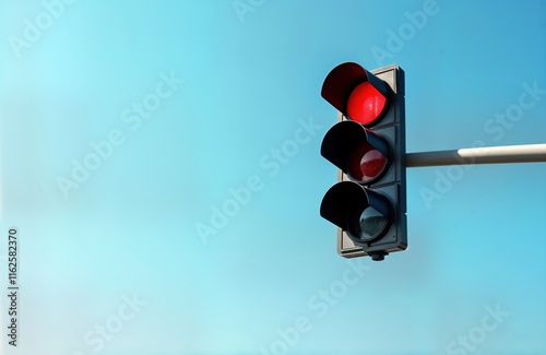 Modern traffic light displays red light against clear sunny sky. Urban scene shows simple traffic control. Photo suitable for tech transportation themes. Light represents stop signal. Clear blue sky