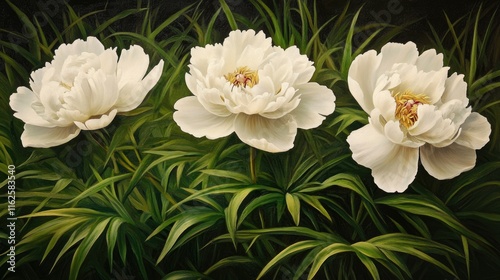 Lush green grass encircles blooming white peonies, set in a serene natural setting