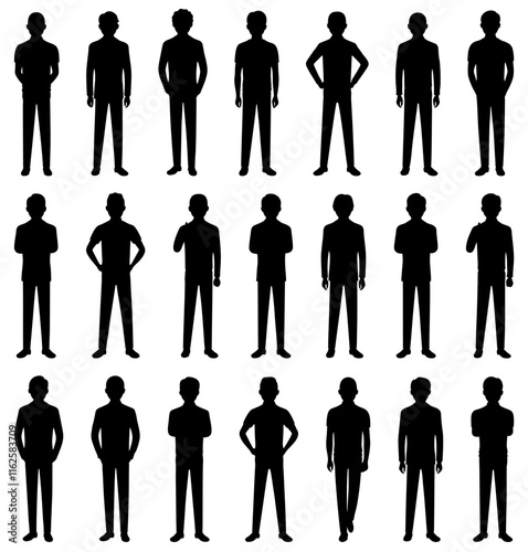 Set of business man silhouette, office worker character with various poses, silhouette vector art.