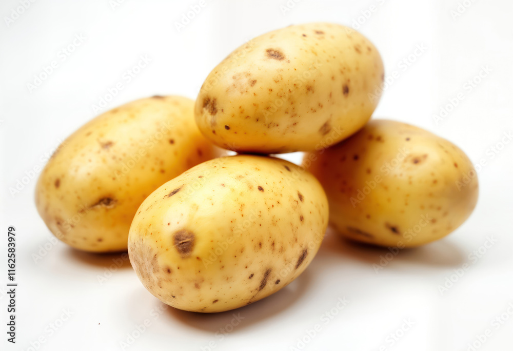 Fresh raw potatoes stacked on white background. Natural yellow potatoes isolated. Healthy food. Organic produce. Vegetarian food. Raw vegetable. Food photography. Natural produce. Agricultural Fresh raw potatoes stacked on white background. Natural yellow potatoes isolated. Healthy food. Organic produce. Vegetarian food. Raw vegetable. Food photography. Natural produce. Agricultural