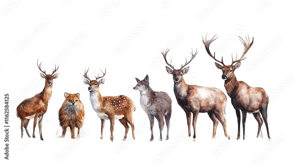 Naklejka premium A Watercolor Painting of Several Deer Species.