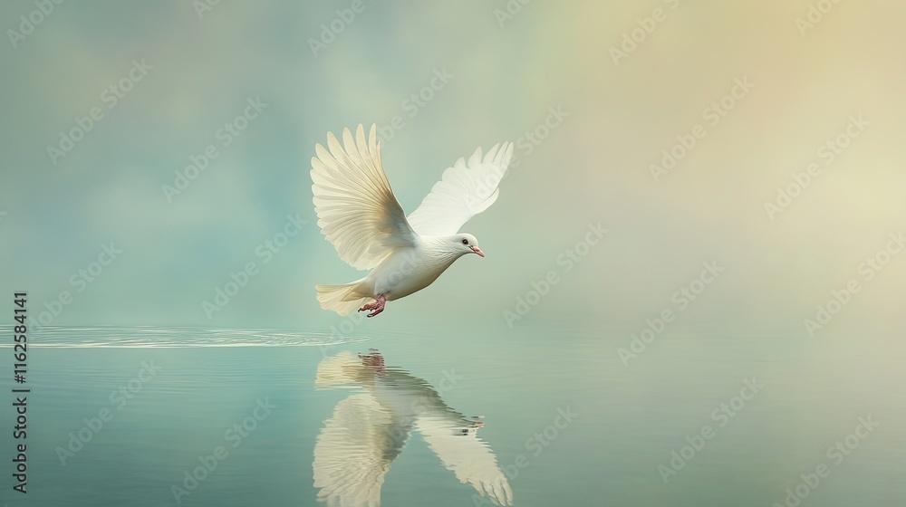 Obraz premium Majestic white dove soaring gracefully above a tranquil lake, reflecting the serenity of the moment in still water
