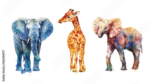 three watercolor paintings of an elephant, a giraffe, and an elephant. photo