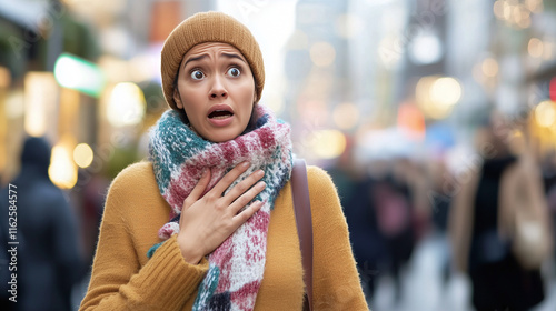 A frightened woman clutching her chest in a crowded city setting, visually representing the intensity of panic disorder and the overwhelming energy of urban life woman, panic disor